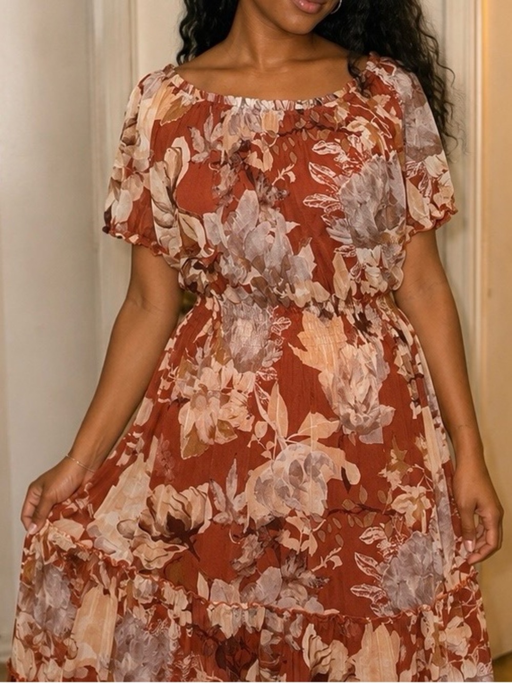 Rust Floral Off-Shoulder Maxi Dress